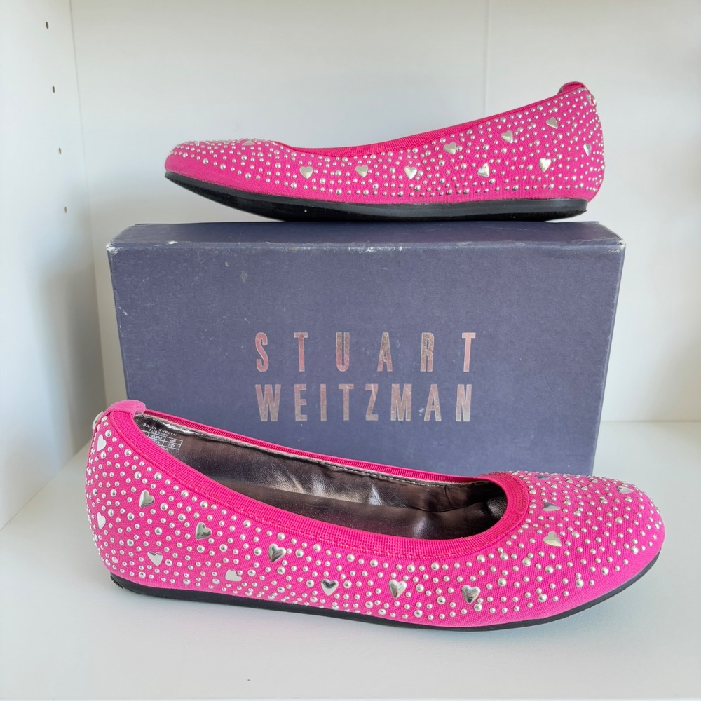 Stuart Weitzman Girls Ballet Flats Size 2 Pink Sally Evelyn‎ Silver Studs